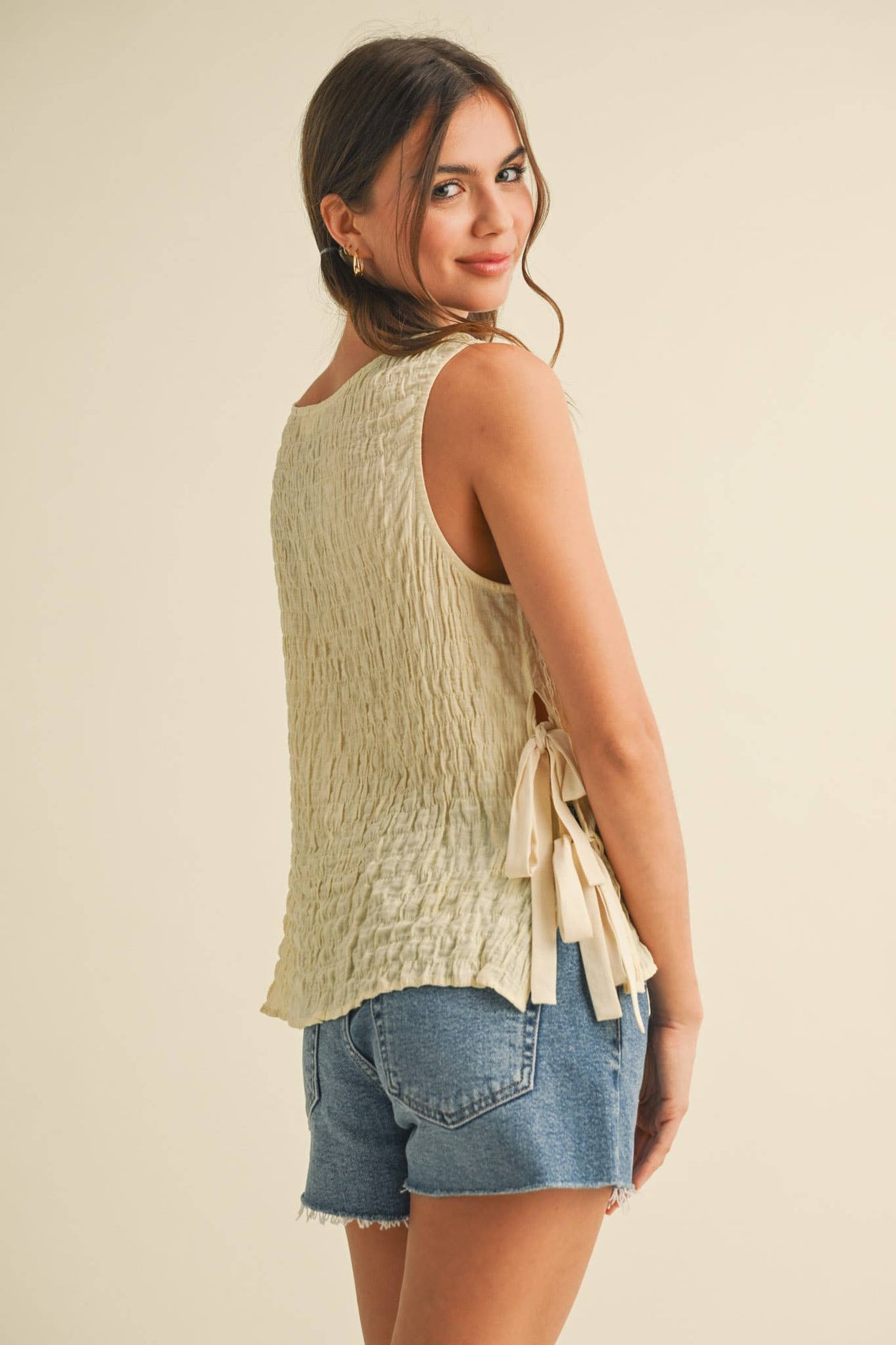 Custard Cream Crinkle Texture Side Tying Tank