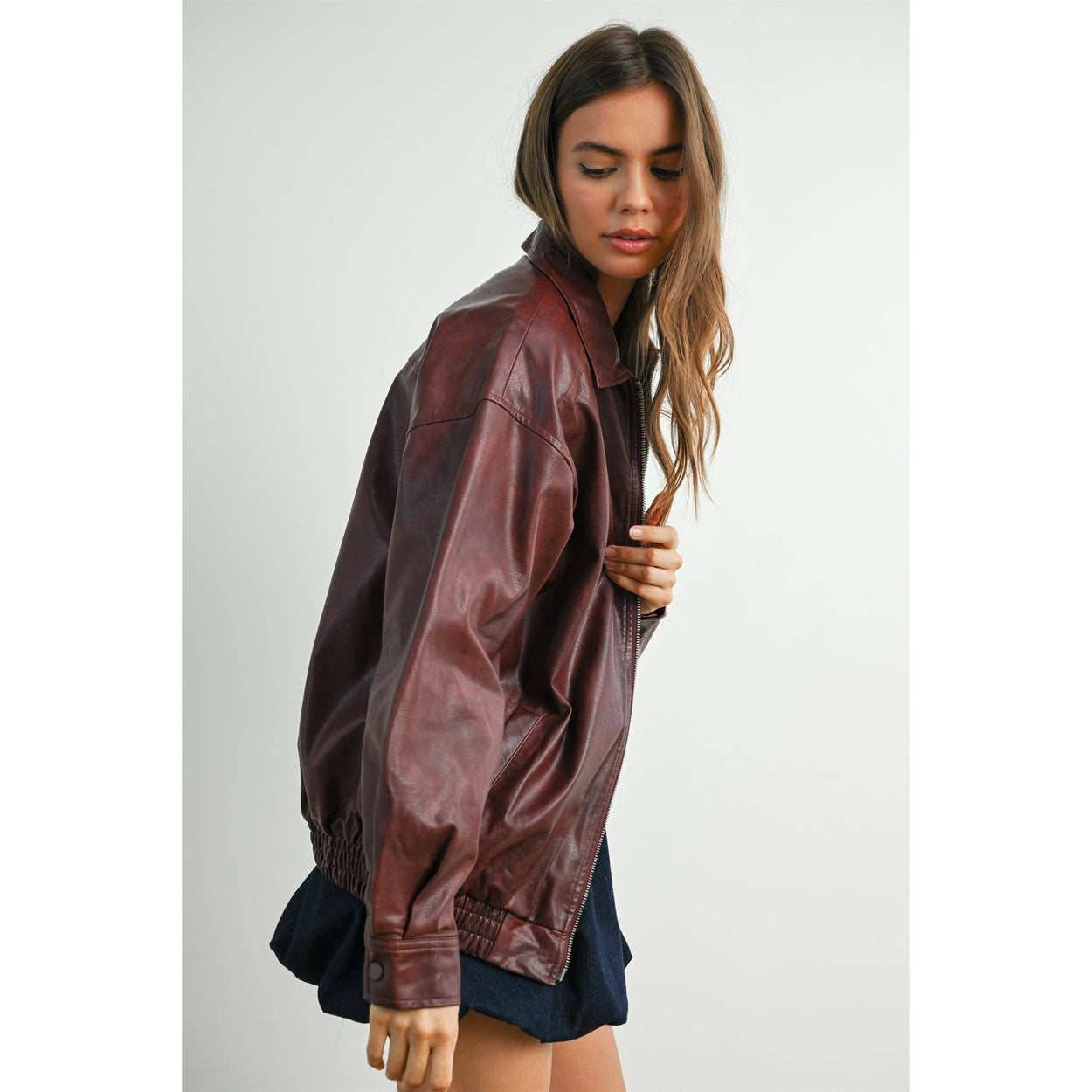 Wine Collared Zip-Front Leather Jacket