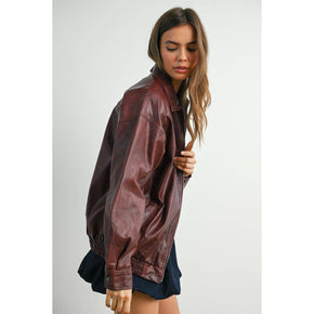 Wine Collared Zip-Front Leather Jacket