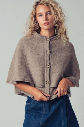 Mocha Wool Blend Button-Front Sweater Cape