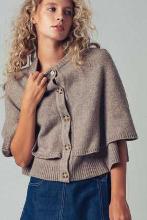 Mocha Wool Blend Button-Front Sweater Cape