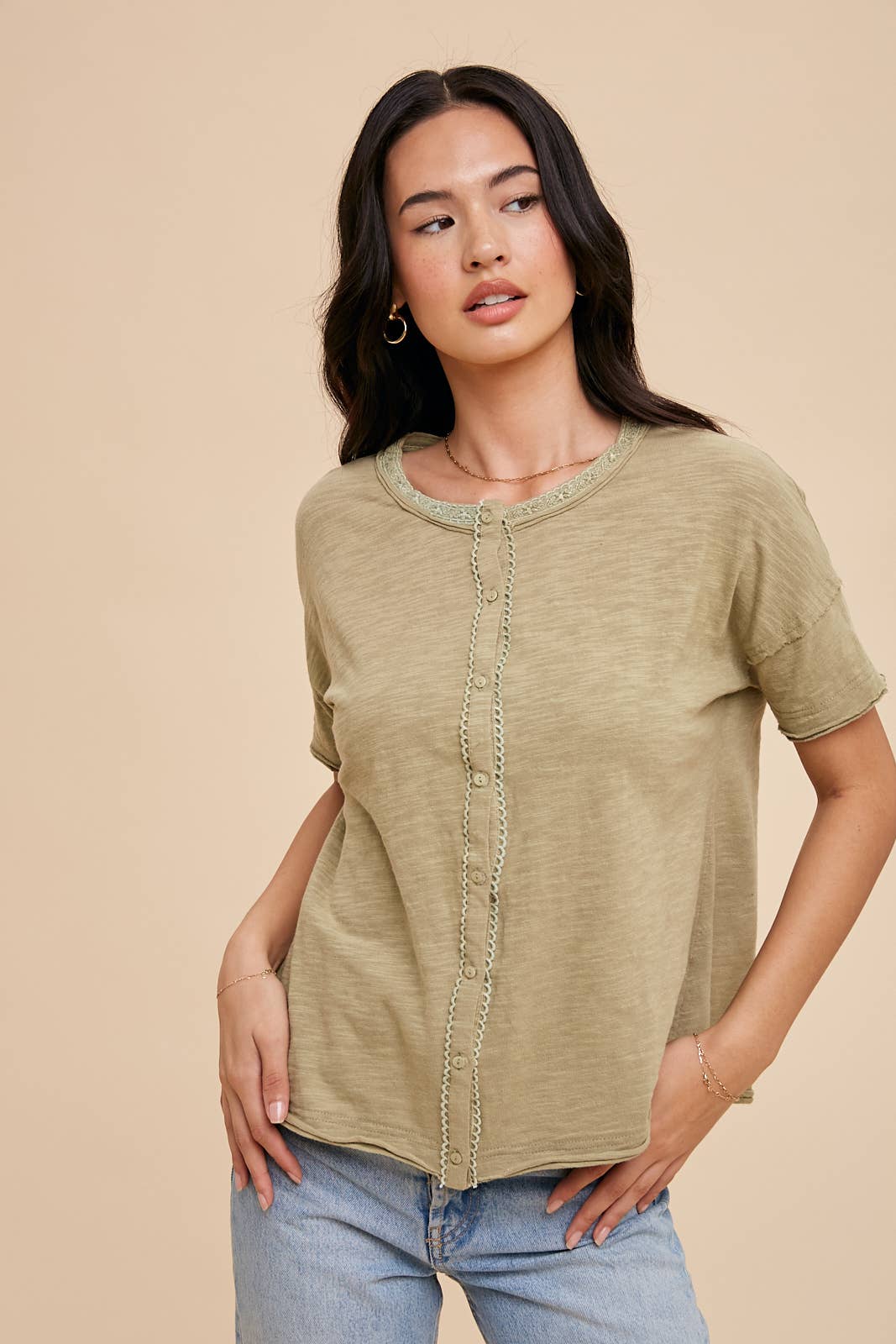 Button Front Lace Trim Top