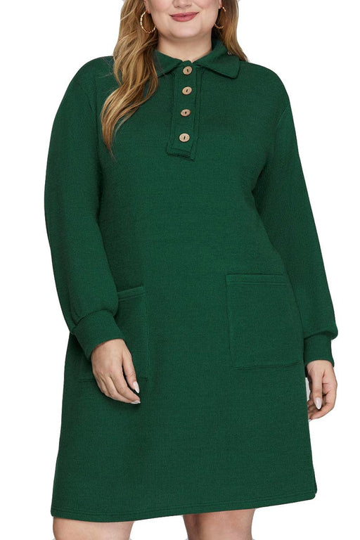 Plus Green Long Sleeve Knit Collared Dress