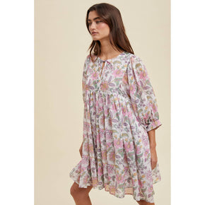Cream & Pink Floral Balloon Sleeve Mini Dress