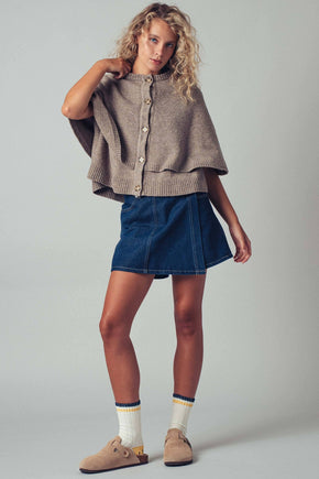 Mocha Wool Blend Button-Front Sweater Cape