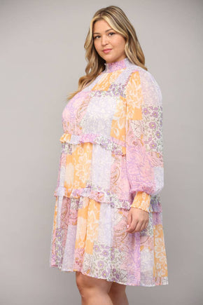 Plus Patchwork Chiffon Mock Neck Dress