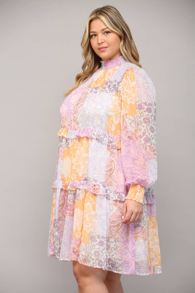 Plus Patchwork Chiffon Mock Neck Dress