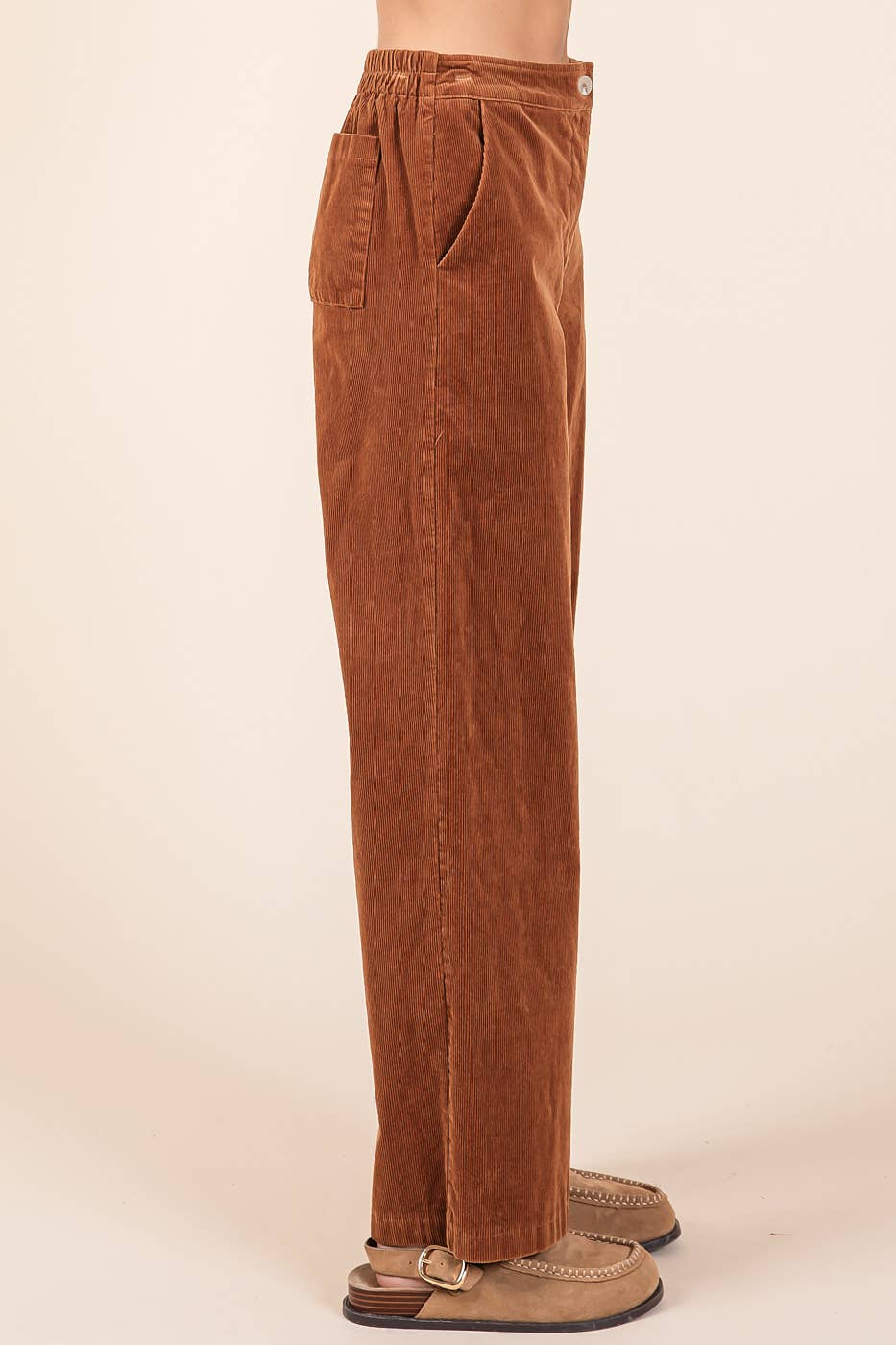 Olive Corduroy Semi WIde Leg Elastic Waist Pants