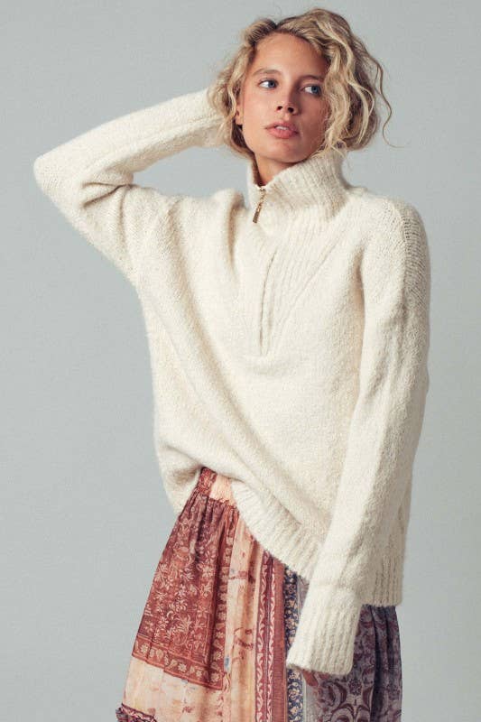 Ivory Textured Quarter-Zip Fold Collar Sweater