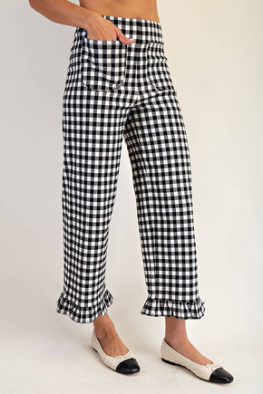 Black Gingham Ruffle Trim Straight Leg Pants