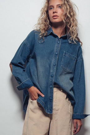 Elbow Patch Denim Button-Up Shirt
