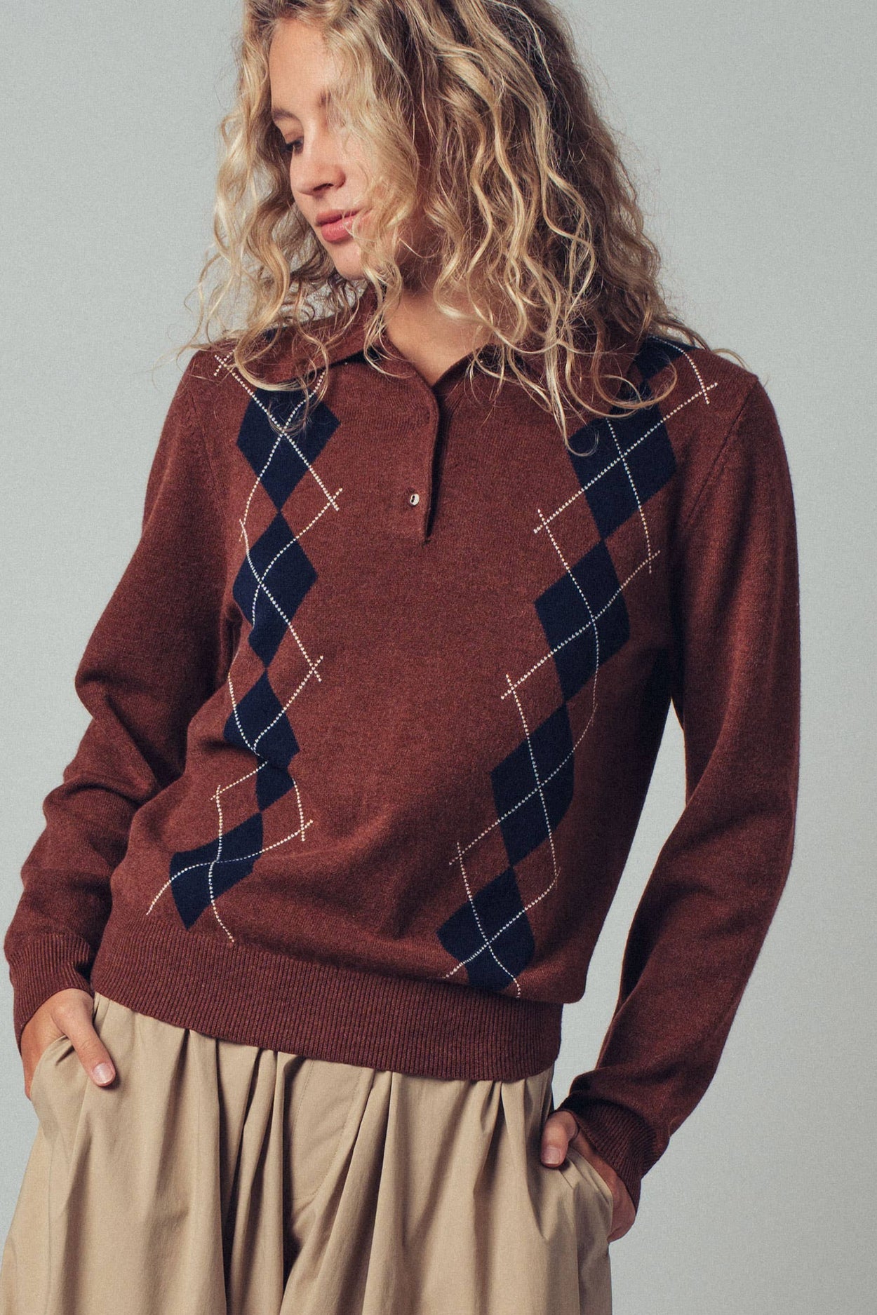 Brown Classic Argyle Knit Polo Sweater