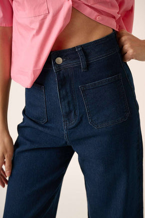 Indigo 2 Pocket Detail Wide Leg High Waist Denim Pant