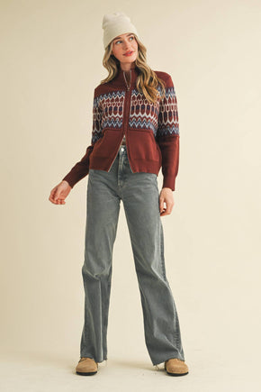 Cocoa Brown Fair Isle Zip Up Sweater