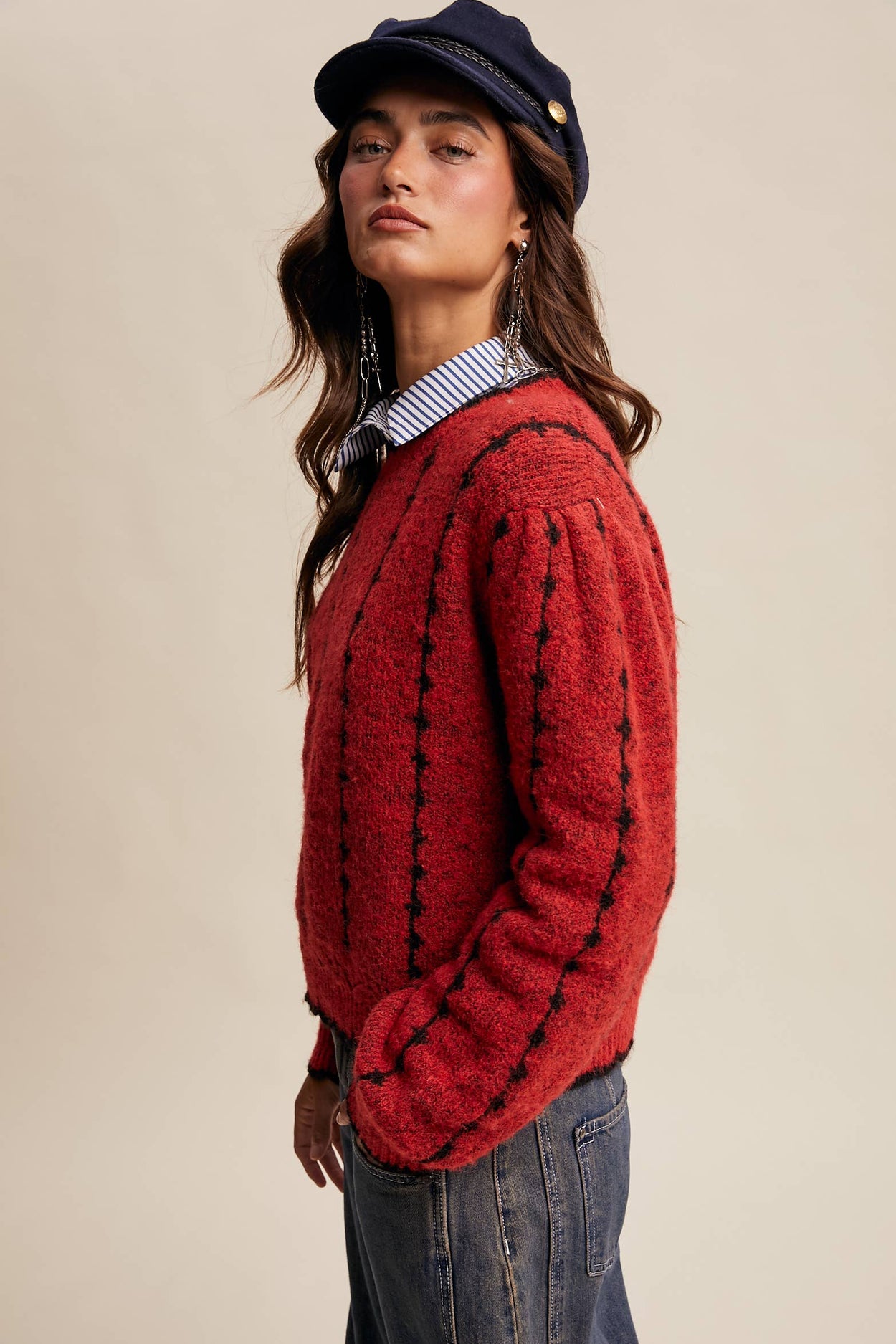 Green Textured Jacquard Knit Crew Sweater