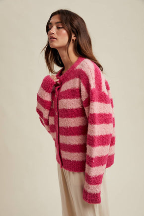 Pink Brushed Striped Button Up Cardigan