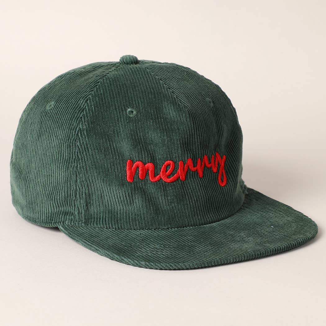 "Merry" Embroidered Green Corduroy Cap