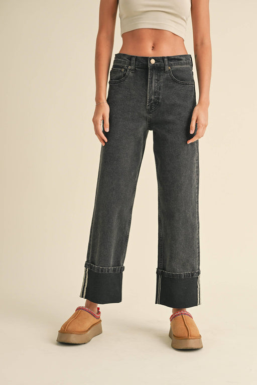 Black Straight Leg Cuffed Jeans