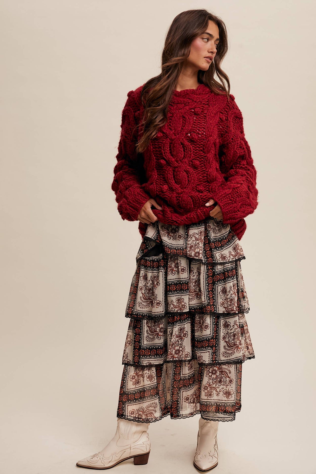 Red Chunky Cable Knit Sweater