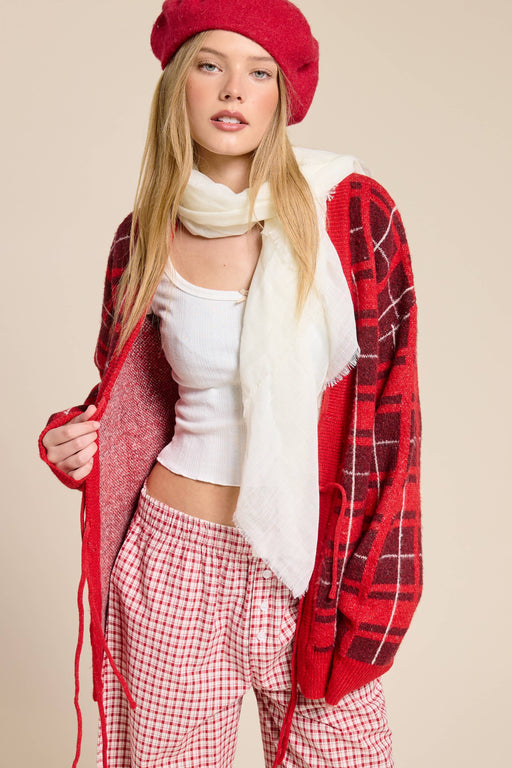 Red Plaid Tie-Front Cardigan Sweater