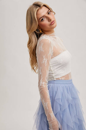 Ivory Floral Embroidery Lace Mesh Layering Top