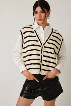 V-Neck Button Down Sleeveless Stripe Vest