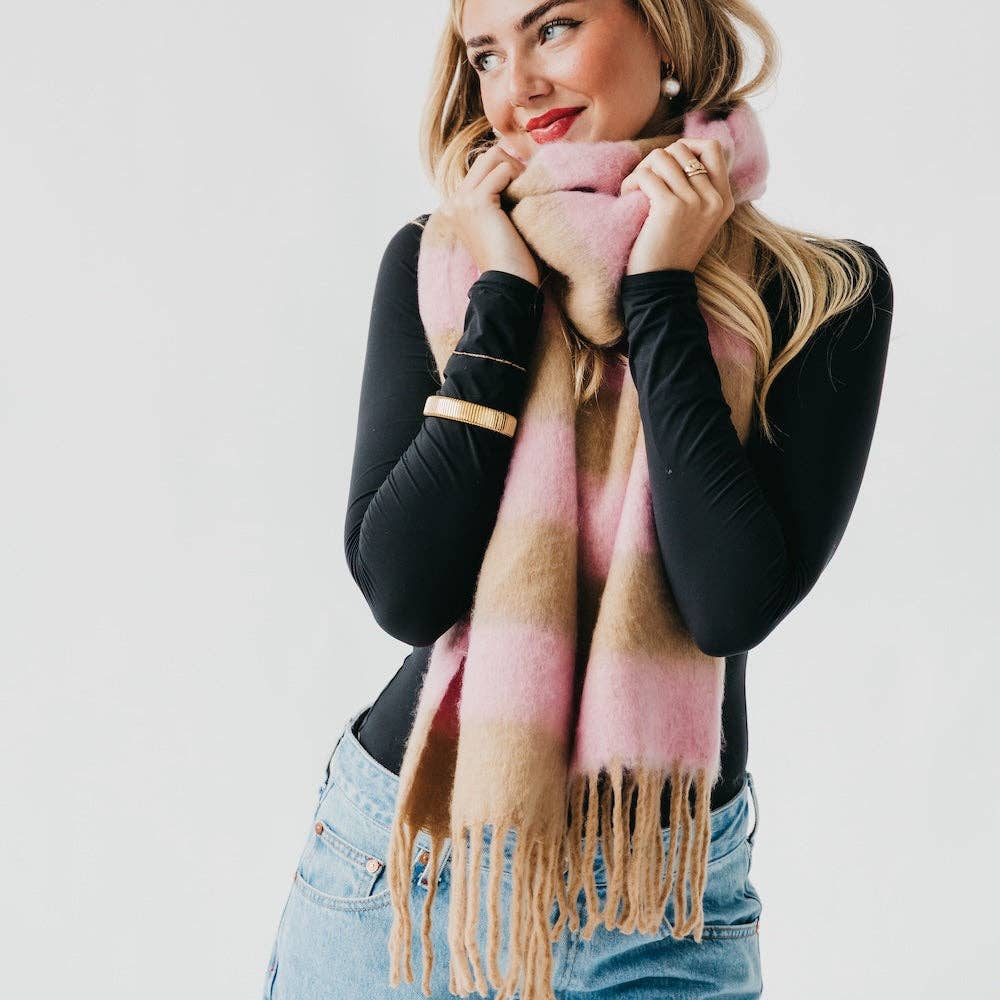 Pink & Cream Stevie Striped Tassel Scarf