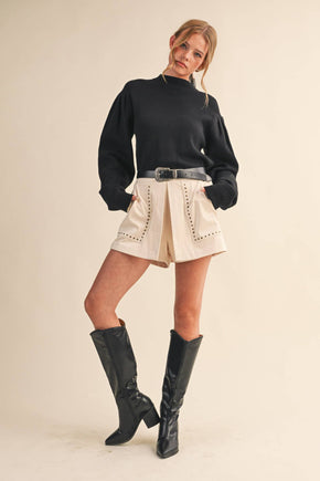 Black Mock Neck Puff Sleeve Sweater