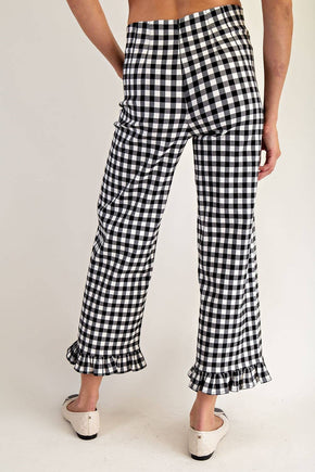 Black Gingham Ruffle Trim Straight Leg Pants