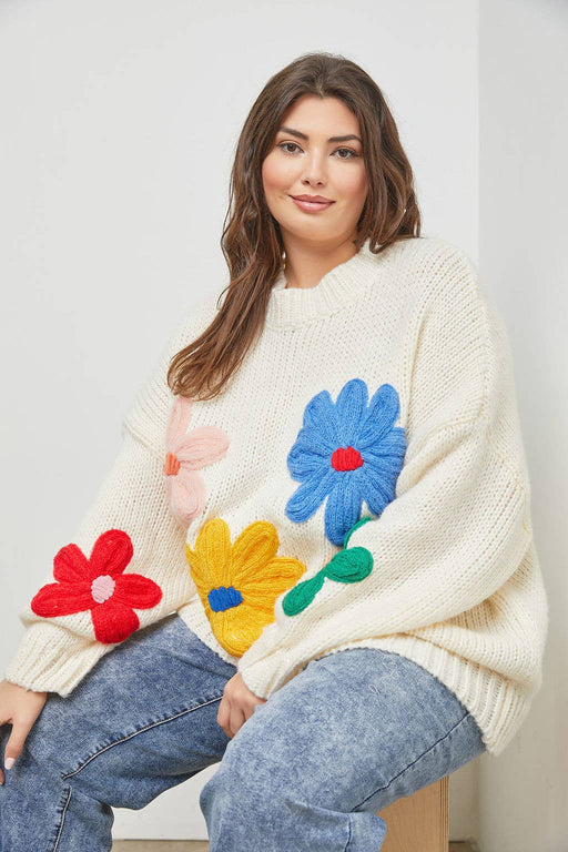 Plus Cream Knit Sweater With Flower Detail