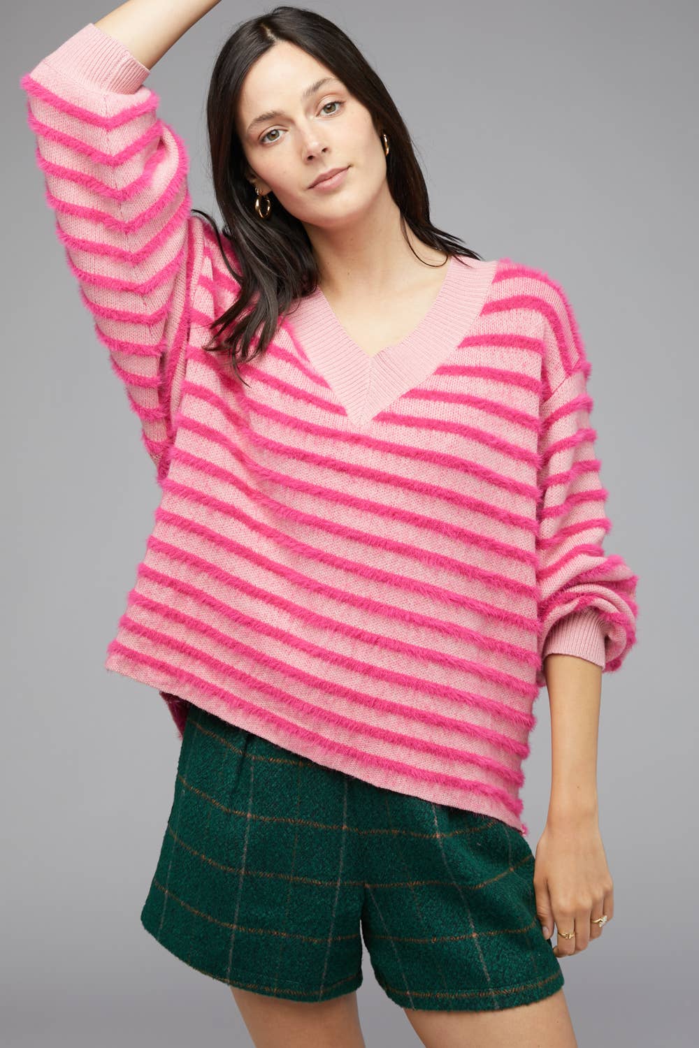 Plus Magenta Fuzzy Stripe V-Neck Knit Top