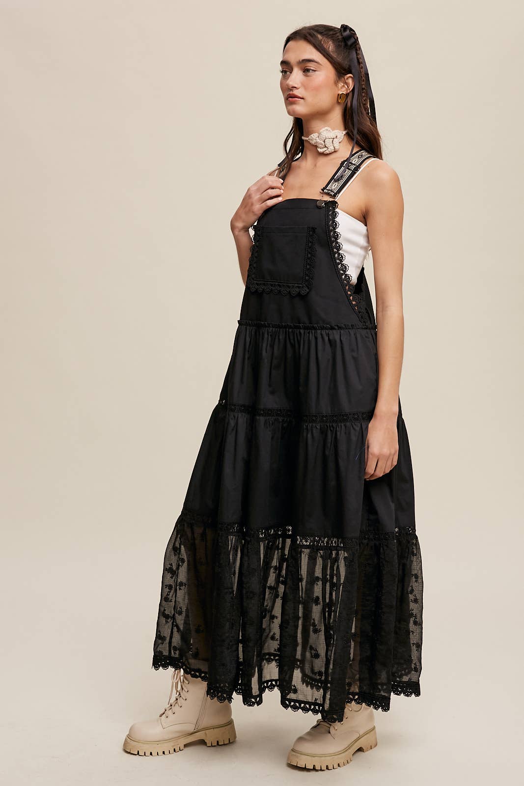 Black Lace and Tiered Overall Maxi