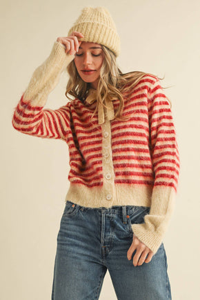 Cream Red Striped Hoodie Sweater Cardigan