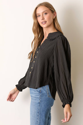 Black Long Sleeve Button Up With Round Collar