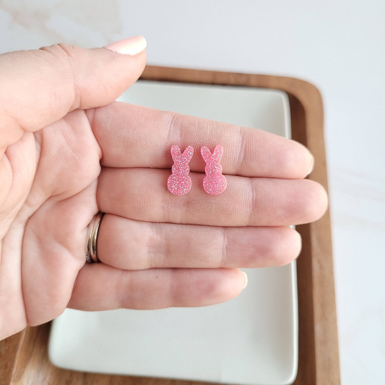 Pink Glitter Bunny Studs