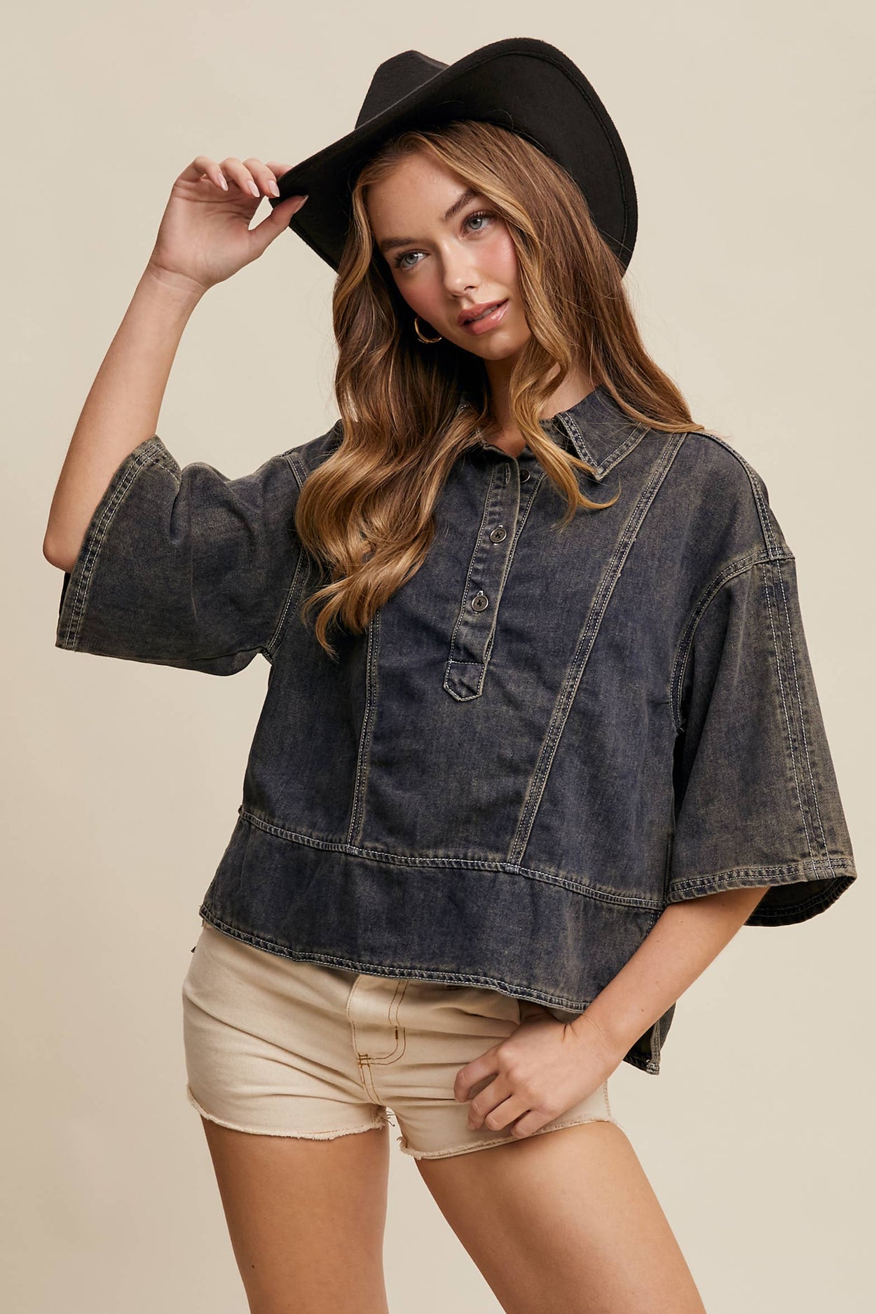 Denim Collared Oversized Top
