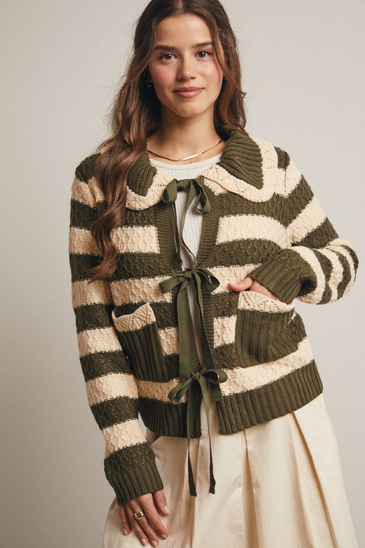 Dark Olive Striped Knit Peter Pan Collar Cardigan