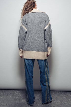 Grey Contrast Trim Collared Sweater Cardigan