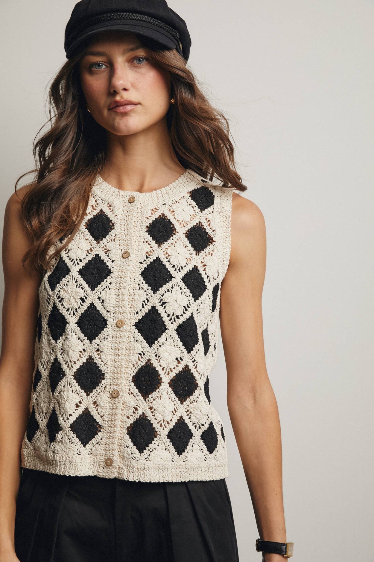 Black Crochet Diamond Pattern Vest