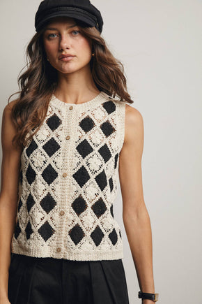 Black Crochet Diamond Pattern Vest
