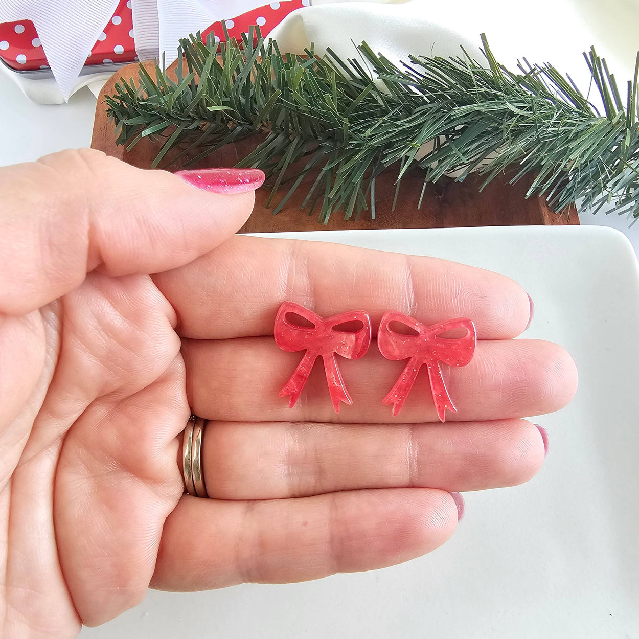 Red Shimmer Bow Studs
