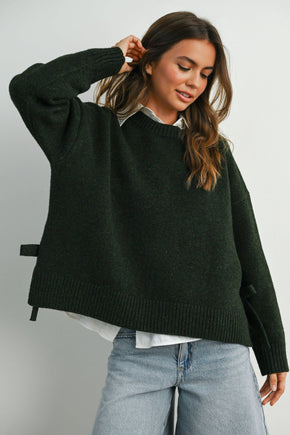 Olive Tie Split-Hem Crewneck Long Sleeve Top