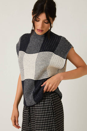 Cream & Black High Neck Wide Shoulder Top