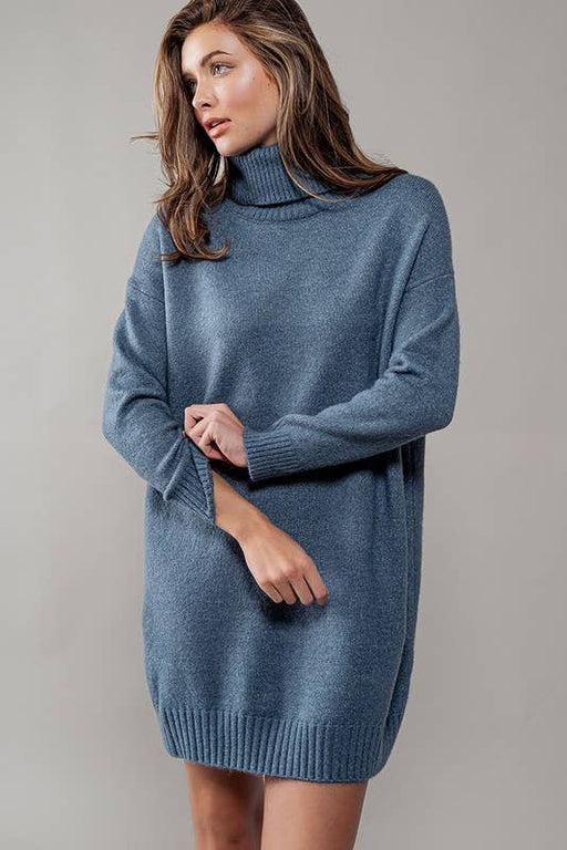 Teal Thick Turtleneck Loose Fit Knit Sweater Dress