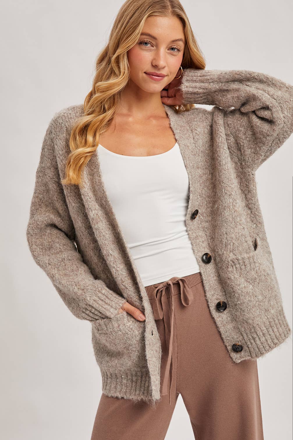 Latte Button Down Knit Sweater Cardigan