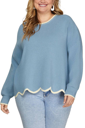 Plus Blue & Cream Scallop Hem Sweater