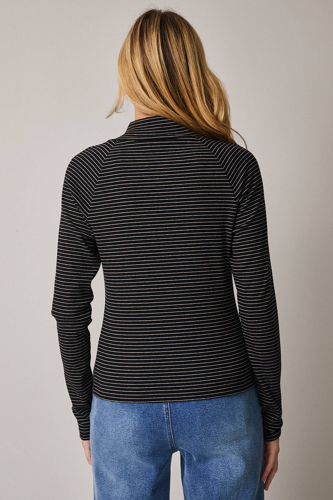 Black & Taupe Mock Neck Long Sleeve Stripe Top