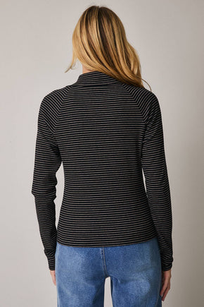 Black & Taupe Mock Neck Long Sleeve Stripe Top