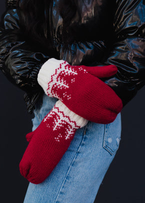 Red & White Tree Pattern Knit Mittens