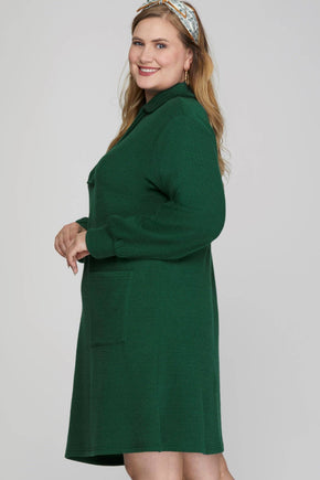 Plus Green Long Sleeve Knit Collared Dress